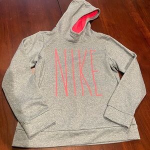 Nike Dri-Fit hoodie. Gray w/bright pink/coral letters. Size YXL